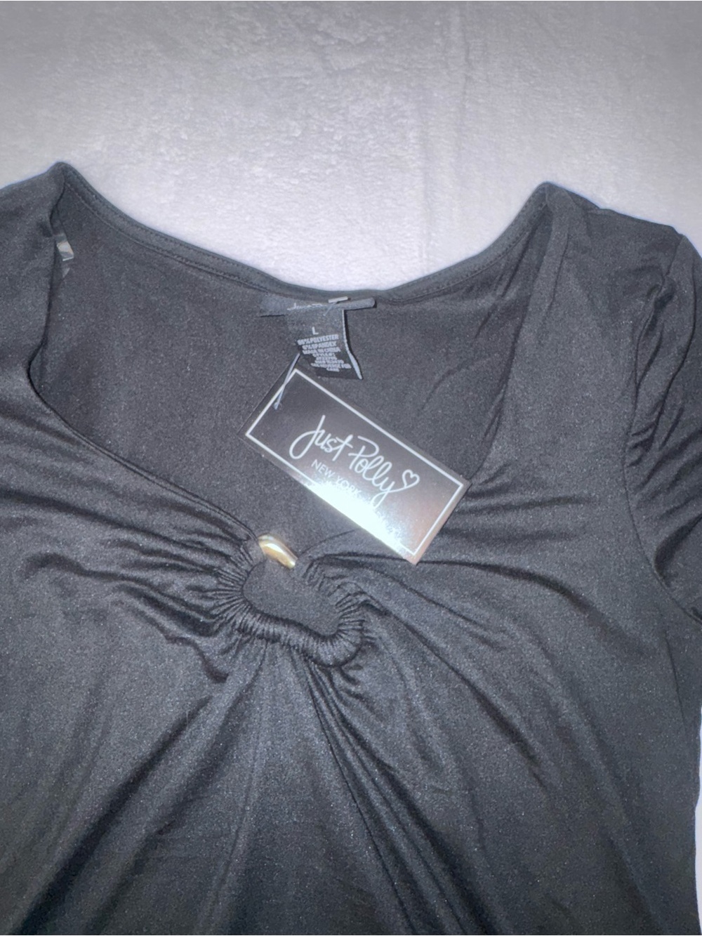 Just Polly Black Ruched Ring Front Stretch Top NWT Large - Picture 5 of 10